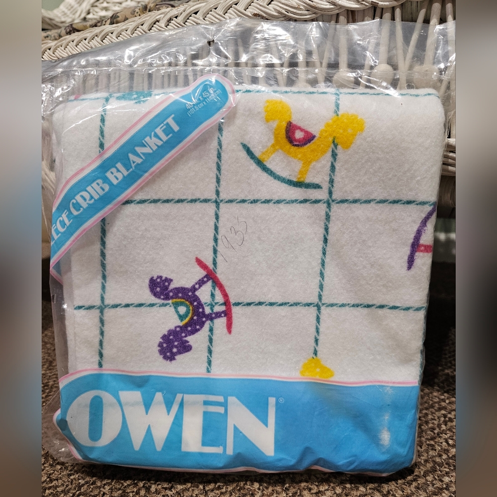 Vintage 90s Owen Fleece Crib Blanket Rocking Horse Satin Trim 40" x 45" Unisex